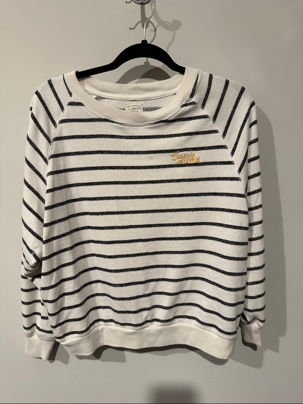 Striped Navy/Cream Crewneck Sweatshirt with Gold Script Detail